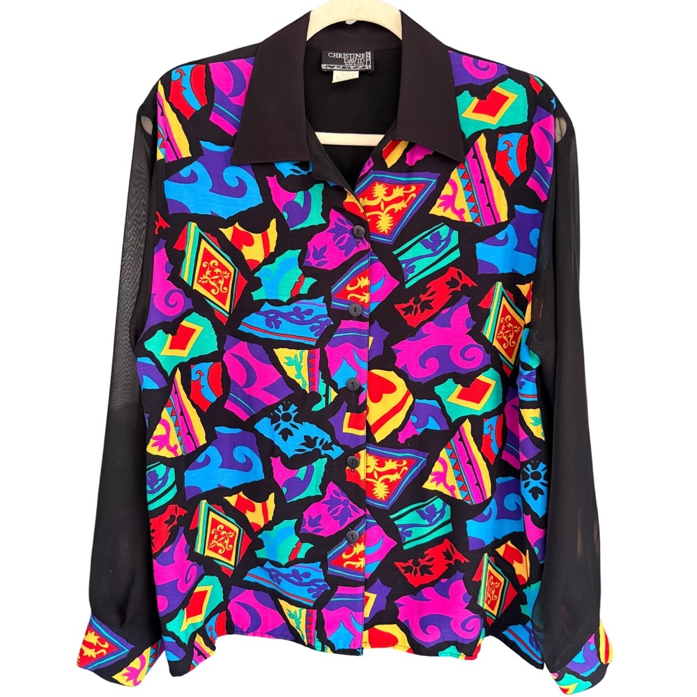 A8 Vintage Christine David Colorful Abstract Print Sheer‎ Sleeve Button Up Shirt